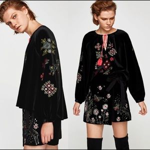 Zara Embroidered Black Velvet Boho Style Blouse size Small